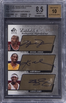 2004-05 SP Signature Edition "Authentic Signatures - Triple" #AS3-JBJ Michael Jordan/Kobe Bryant/LeBron James Multi-Signed Card (#13/25) – BGS NM-MT+ 8.5/BGS 10